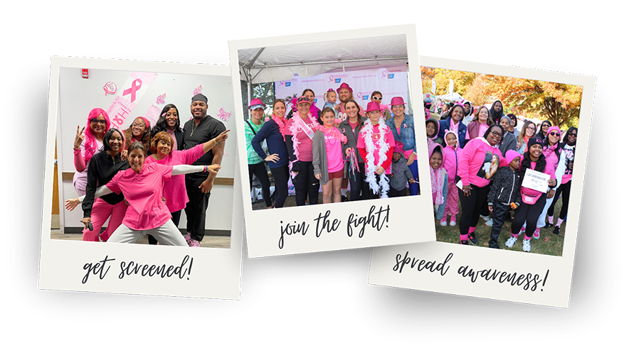 Women celebrating breast cancer awareness events, wearing pink and posing together