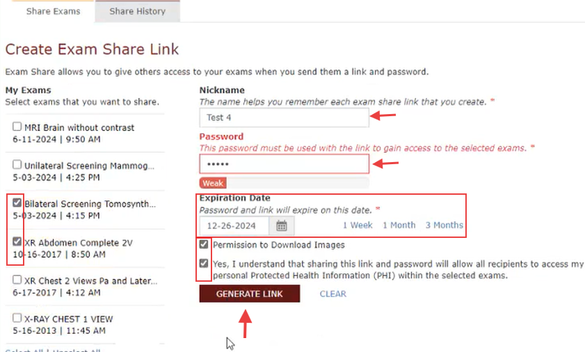 Create Exam Share Link form