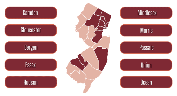 Camden, Gloucester, Bergen, Essex, Hudson, Middlesex, Morris, Passaic, Union, and Ocean County