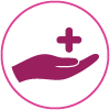 Stylized icon of a supportive hand with a medical cross, representing a personal and caring approach to healthcare.